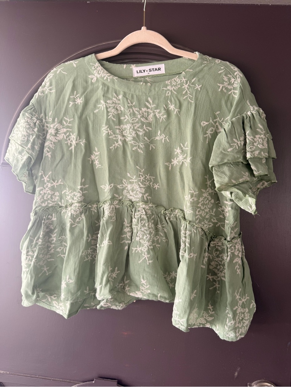 Lily Star Light Sage Green Floral Ruffle Peplum Top